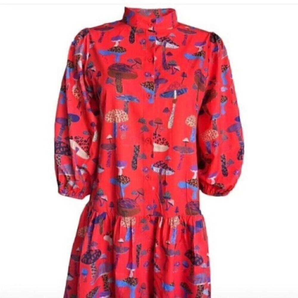 Red Animal Print Mushroom  Lantern Sleeve Mini Dress S - Picture 4 of 12